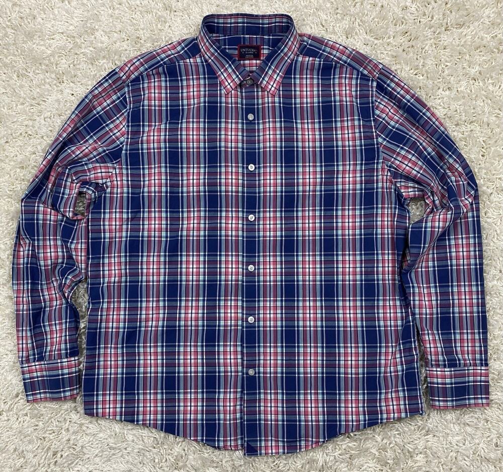 UNTUCKit Torrey Ridge Men's XL Plaid Button Up Shirt Navy Red Untucked Fit